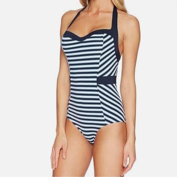 NWT Jets by Jessika Allen Infinity Ink Chambray Molded Halter One-Piece - Picture 2 of 13